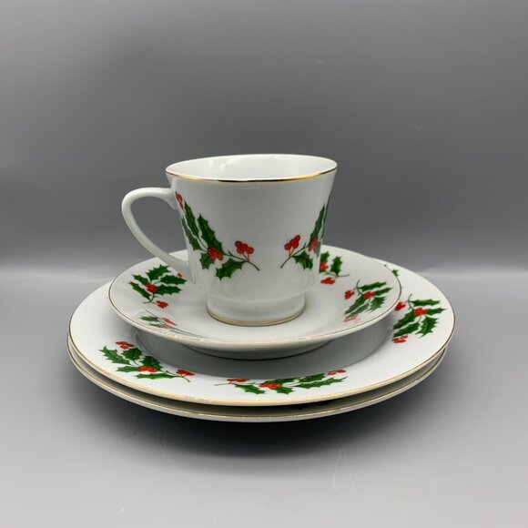 Set of White with Green Holly and Red Berries Cup & Saucer and 2 Dessert Plates - Picture 7 of 9
